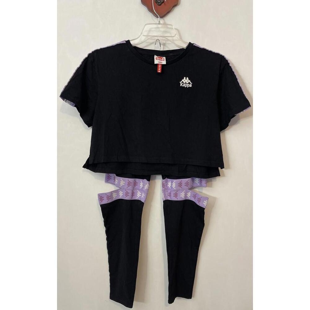 Kappa Womens Large Black & Purple Logo Crop Tee & Pull-On Legging Set! M1173R